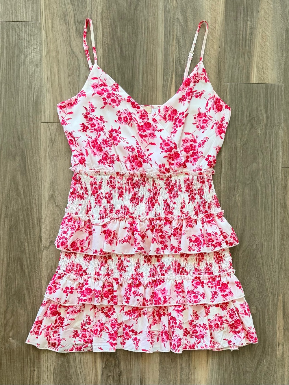Row A Pink & White Smocked Tiered Ruffle Dress Size S